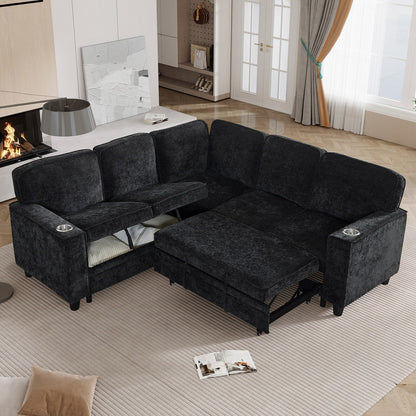 Divano letto componibile moderno a 5 posti a L in ciniglia con contenitore, porte USB e portabicchieri per soggiorno