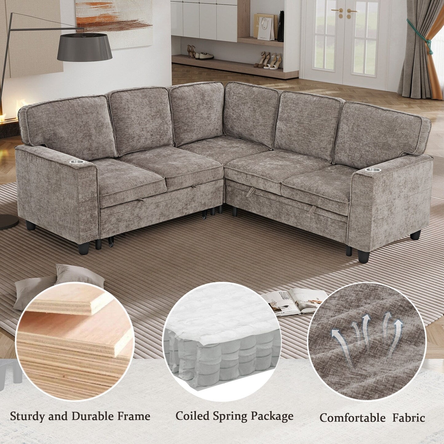 Divano letto componibile moderno a 5 posti a L in ciniglia con contenitore, porte USB e portabicchieri per soggiorno