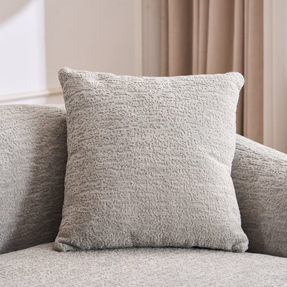 Divano componibile moderno a L in ciniglia con chaise longue curva e 4 cuscini per soggiorno