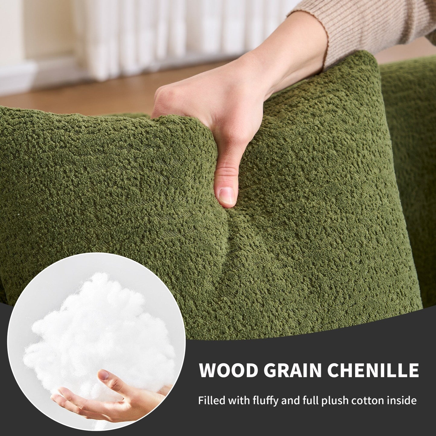 Divano componibile moderno a L in ciniglia con chaise longue curva e 4 cuscini per soggiorno