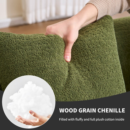 Divano componibile moderno a L in ciniglia con chaise longue curva e 4 cuscini per soggiorno