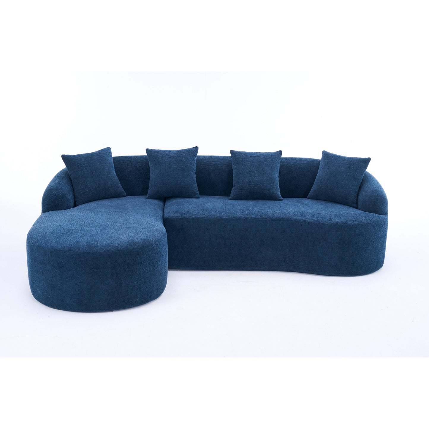 Divano componibile moderno a L in ciniglia con chaise longue curva e 4 cuscini per soggiorno