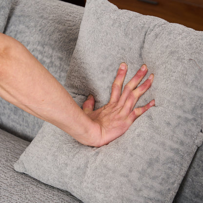 Divano componibile moderno a L in ciniglia con chaise longue curva e 4 cuscini per soggiorno