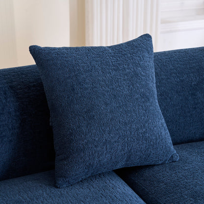 Divano componibile moderno a L in ciniglia con chaise longue curva e 4 cuscini per soggiorno