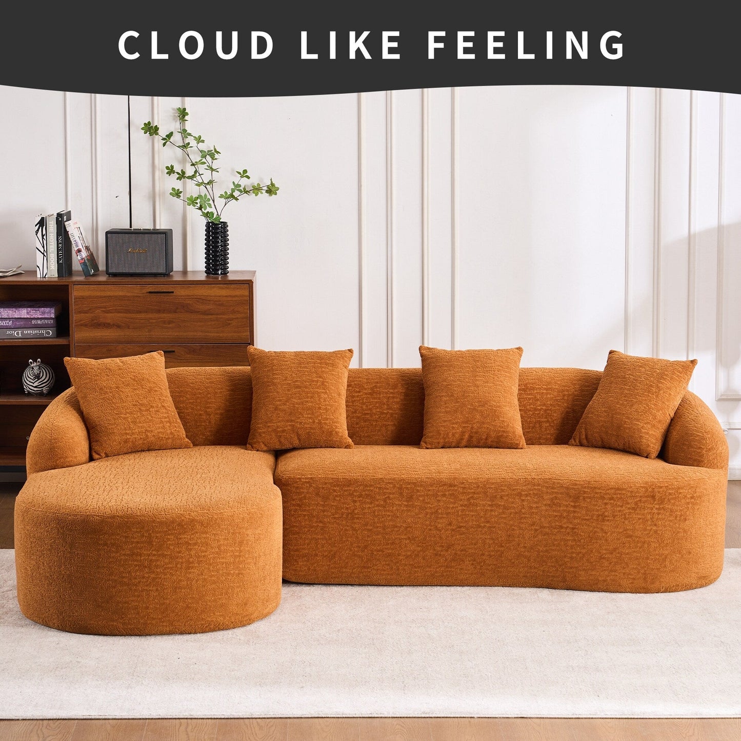 Divano componibile moderno a L in ciniglia con chaise longue curva e 4 cuscini per soggiorno