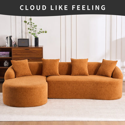 Divano componibile moderno a L in ciniglia con chaise longue curva e 4 cuscini per soggiorno