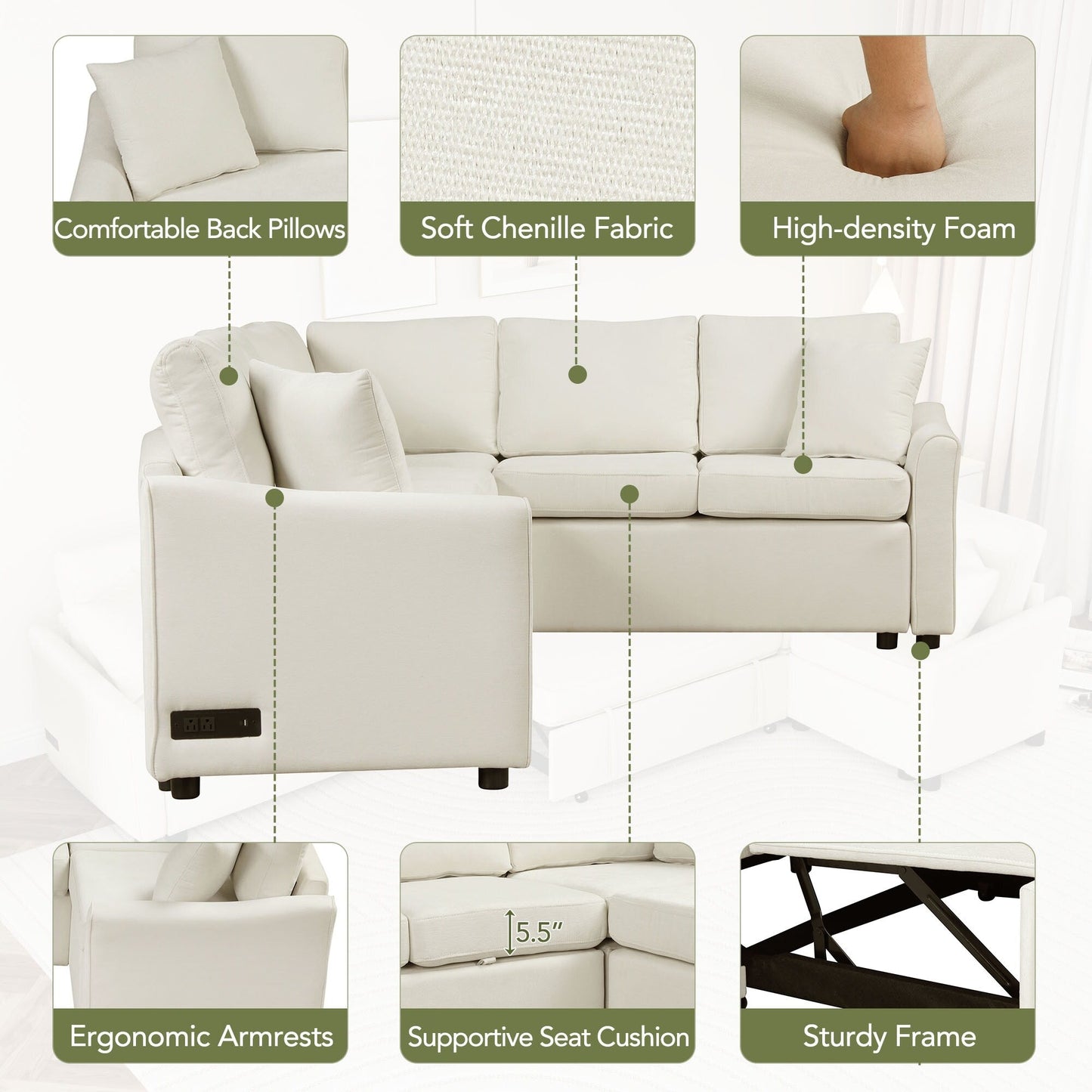 Divano componibile moderno a L in ciniglia con letto estraibile, porte di ricarica USB e prese di corrente per il soggiorno