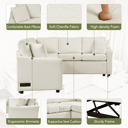 Divano componibile moderno a L in ciniglia con letto estraibile, porte di ricarica USB e prese di corrente per il soggiorno