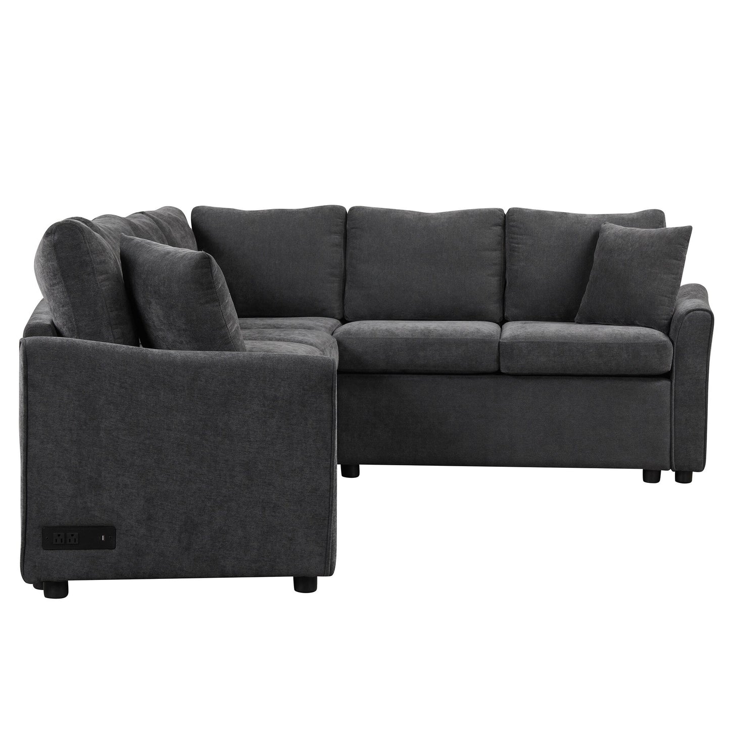 Divano componibile moderno a L in ciniglia con letto estraibile, porte di ricarica USB e prese di corrente per il soggiorno