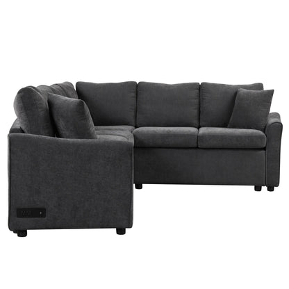 Divano componibile moderno a L in ciniglia con letto estraibile, porte di ricarica USB e prese di corrente per il soggiorno