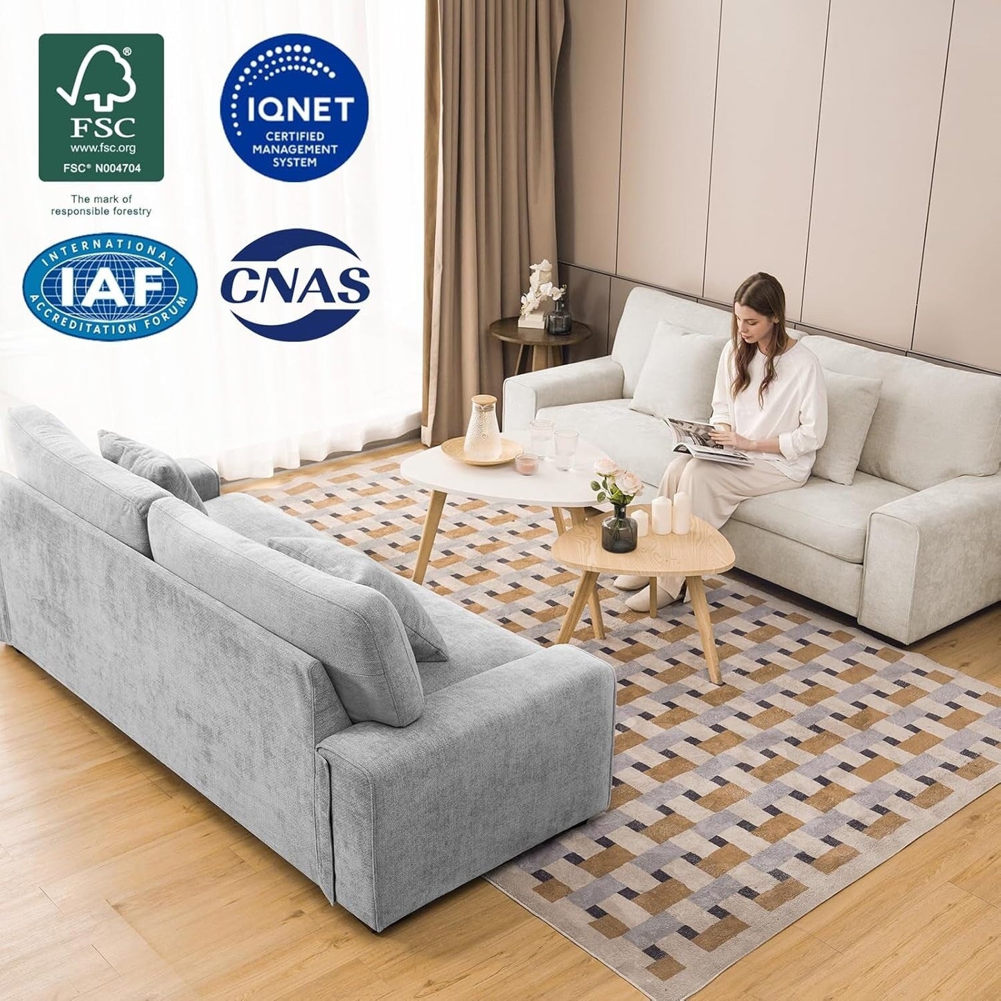 Divano moderno in ciniglia per soggiorno - Poltrona reclinabile con rivestimento sfoderabile, cuscini a molle e struttura in legno massello, beige