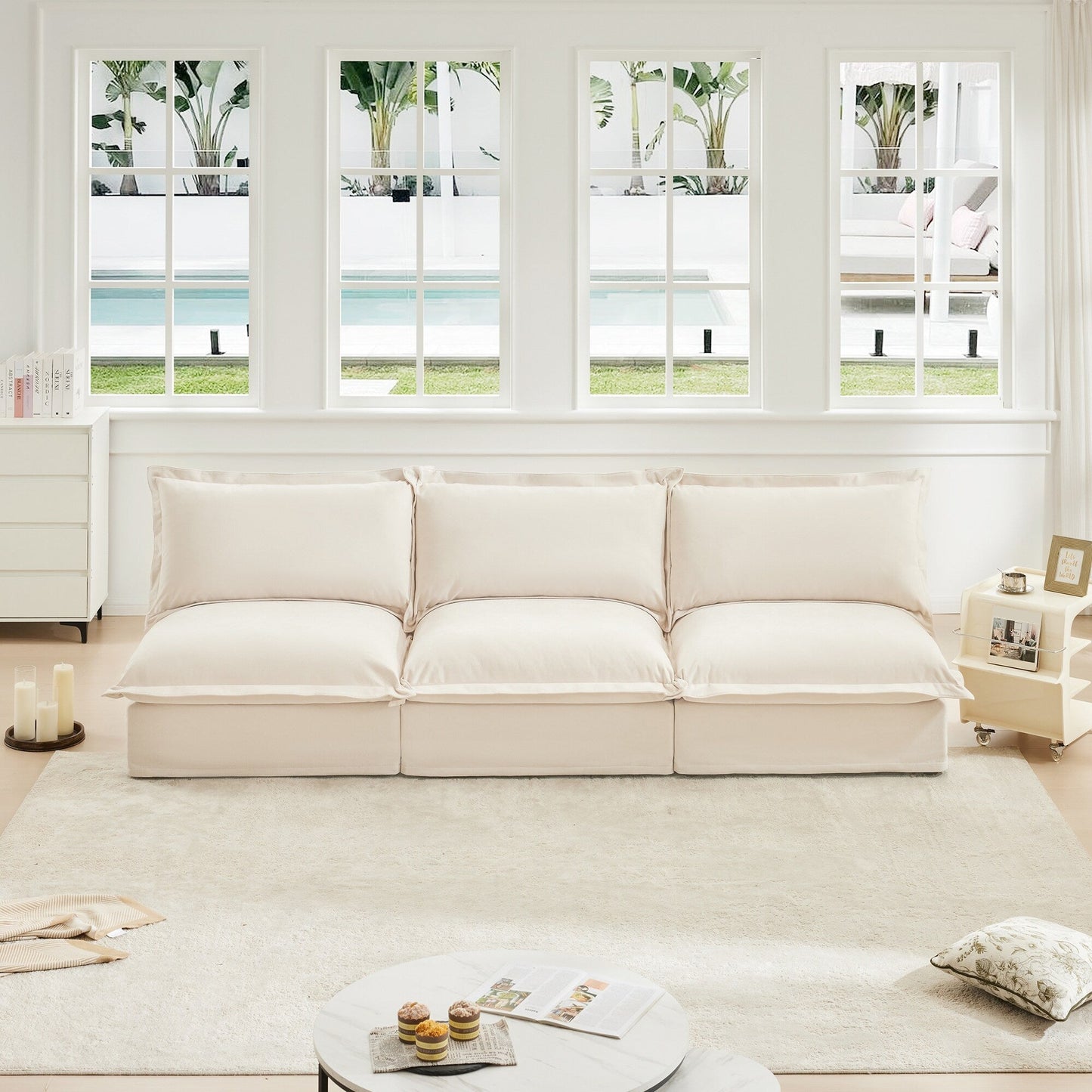 Divano moderno modulare a 3 posti senza braccioli in ciniglia