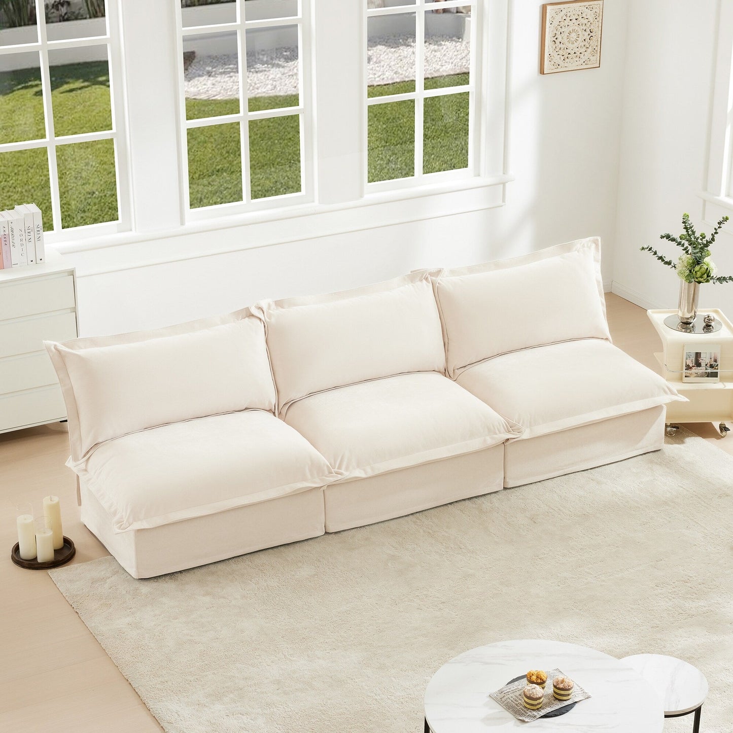 Divano moderno modulare a 3 posti senza braccioli in ciniglia