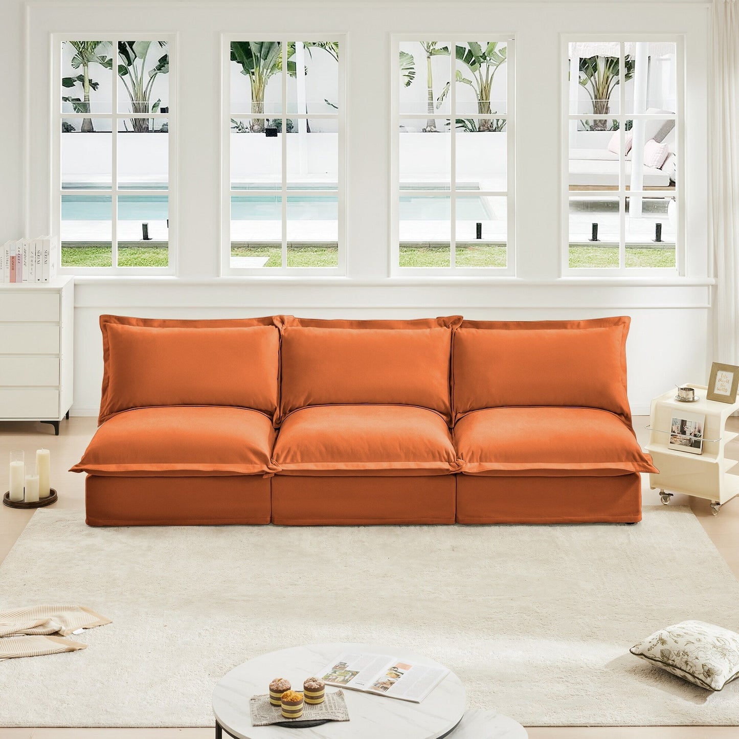 Divano moderno modulare a 3 posti senza braccioli in ciniglia