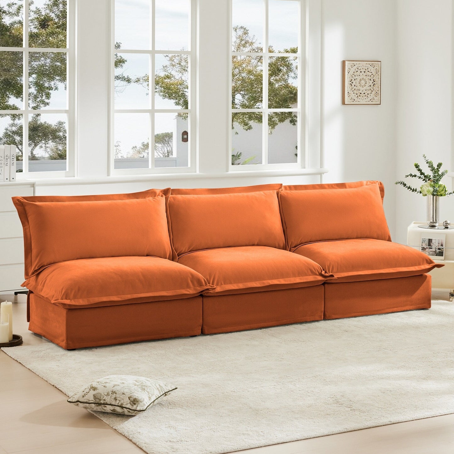 Divano moderno modulare a 3 posti senza braccioli in ciniglia