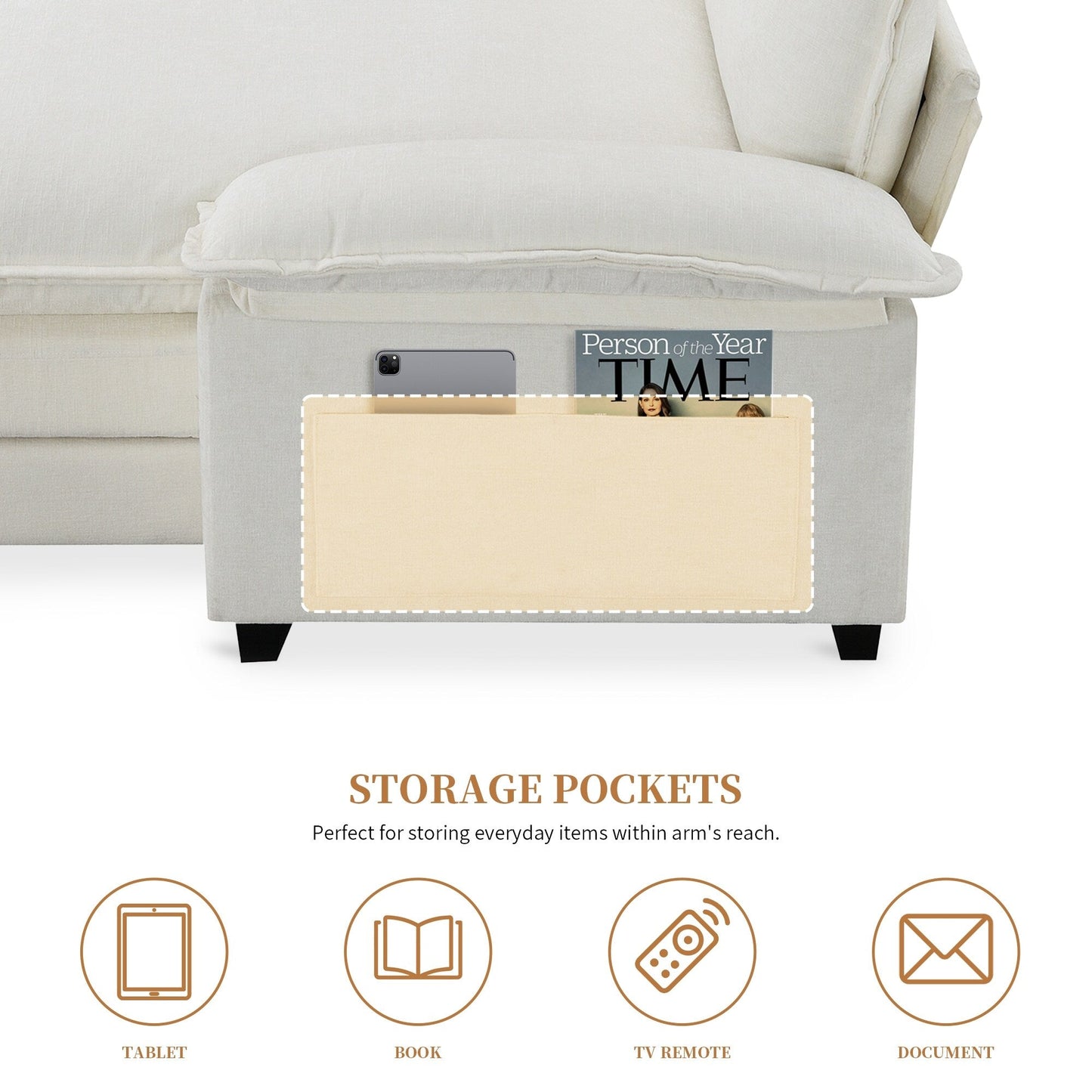 Divano componibile moderno in ciniglia con doppi cuscini, tasche portaoggetti, imbottito, divano a forma di L con chaise longue reversibile