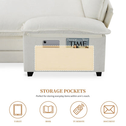 Divano componibile moderno in ciniglia con doppi cuscini, tasche portaoggetti, imbottito, divano a forma di L con chaise longue reversibile