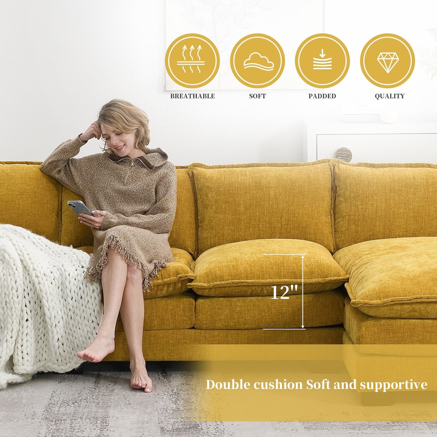 Divano componibile moderno in ciniglia con doppi cuscini, tasche portaoggetti, imbottito, divano a forma di L con chaise longue reversibile