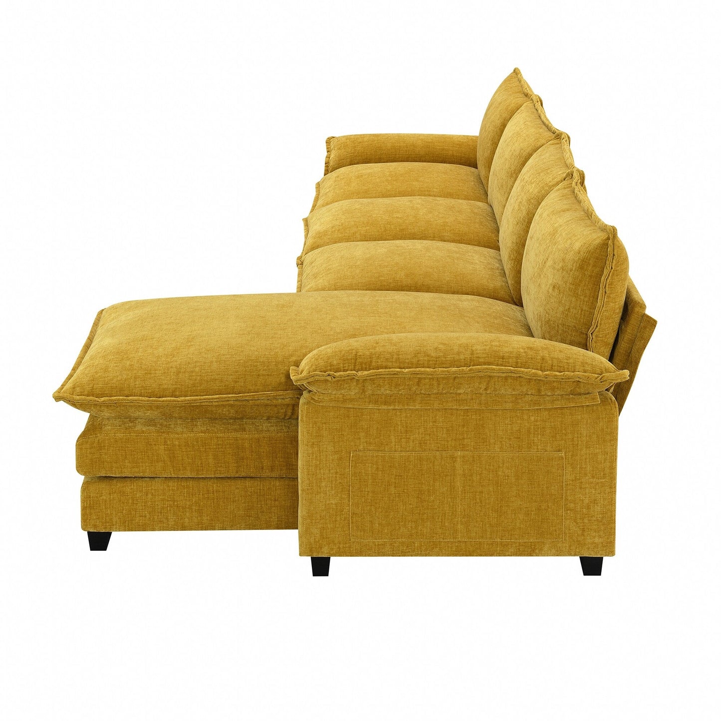 Divano componibile moderno in ciniglia con doppi cuscini, tasche portaoggetti, imbottito, divano a forma di L con chaise longue reversibile