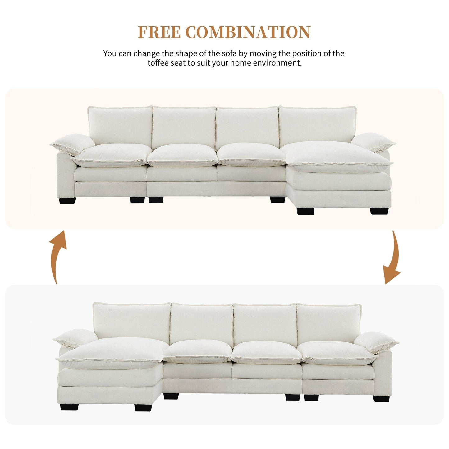 Divano componibile moderno in ciniglia con doppi cuscini, tasche portaoggetti, imbottito, divano a forma di L con chaise longue reversibile