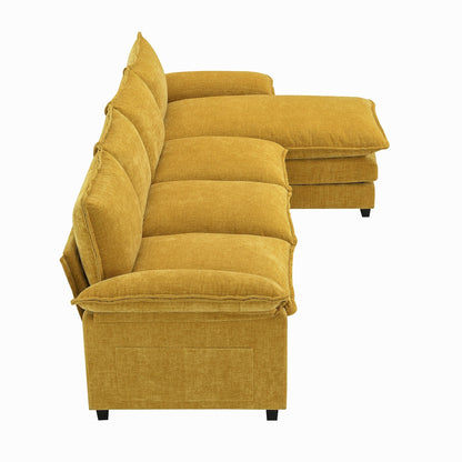 Divano componibile moderno in ciniglia con doppi cuscini, tasche portaoggetti, imbottito, divano a forma di L con chaise longue reversibile