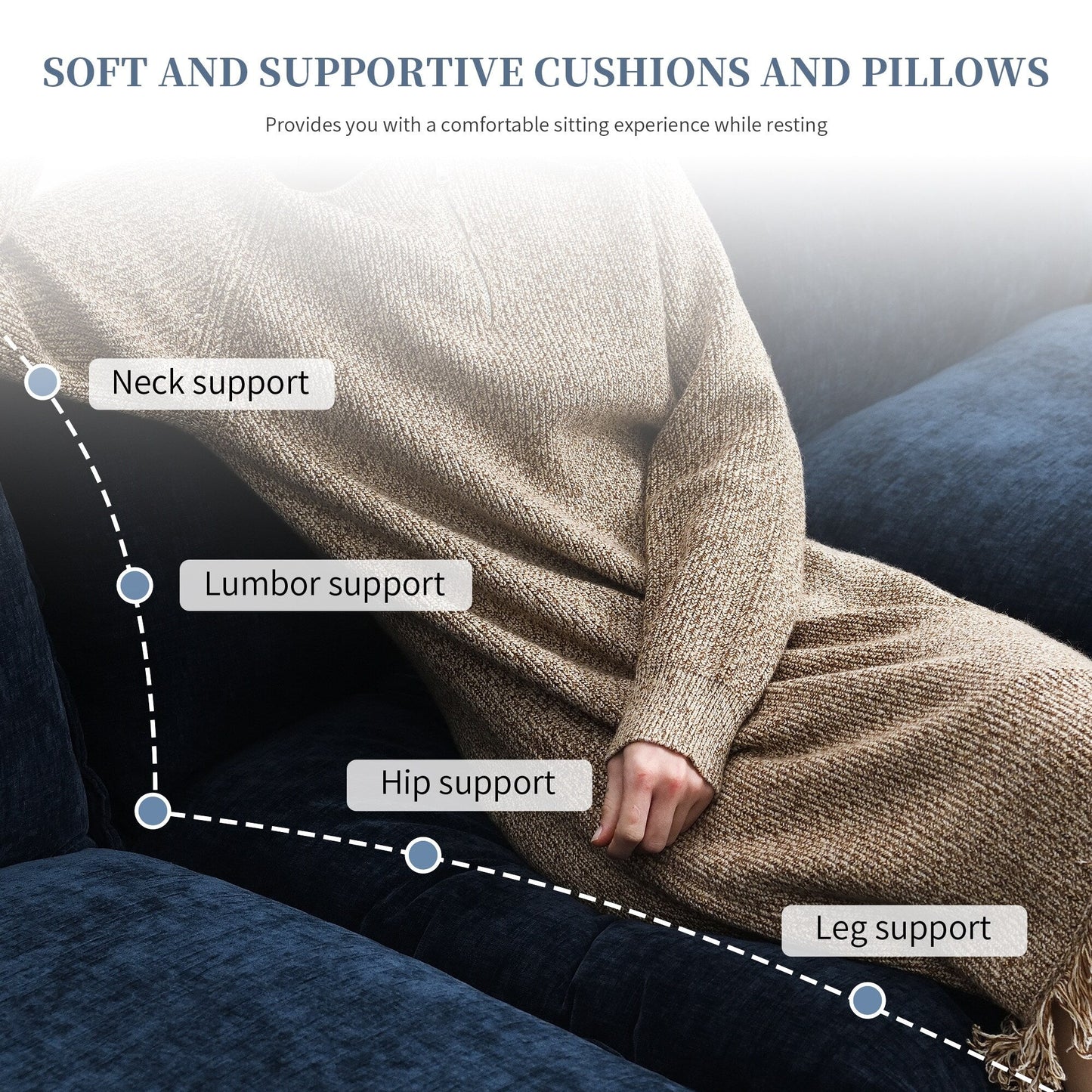 Divano componibile moderno in ciniglia con doppi cuscini, tasche portaoggetti, imbottito, divano a forma di L con chaise longue reversibile