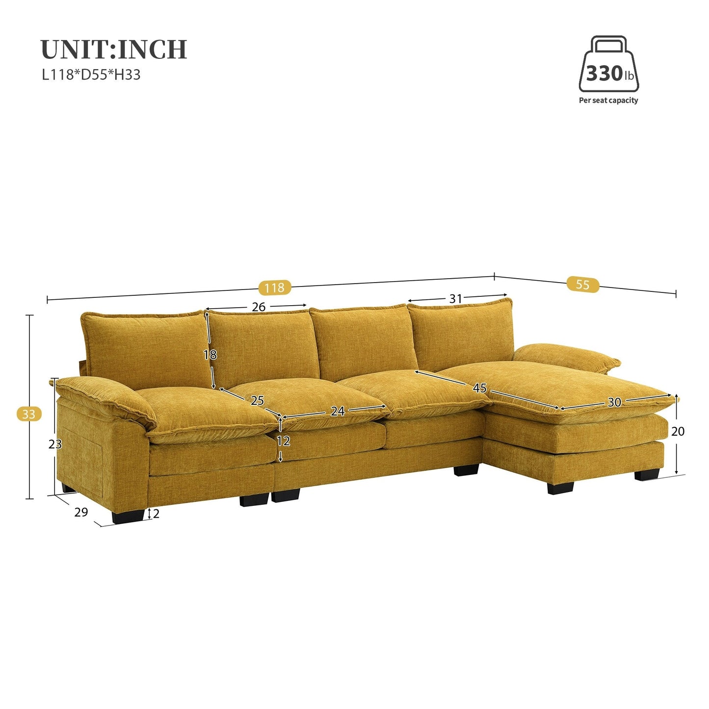 Divano componibile moderno in ciniglia con doppi cuscini, tasche portaoggetti, imbottito, divano a forma di L con chaise longue reversibile