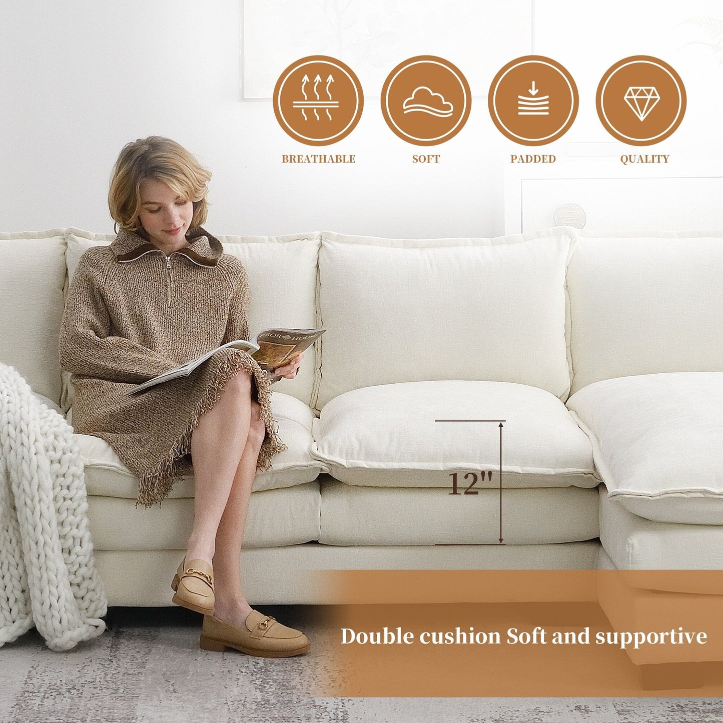 Divano componibile moderno in ciniglia con doppi cuscini, tasche portaoggetti, imbottito, divano a forma di L con chaise longue reversibile