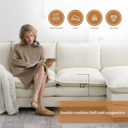 Divano componibile moderno in ciniglia con doppi cuscini, tasche portaoggetti, imbottito, divano a forma di L con chaise longue reversibile