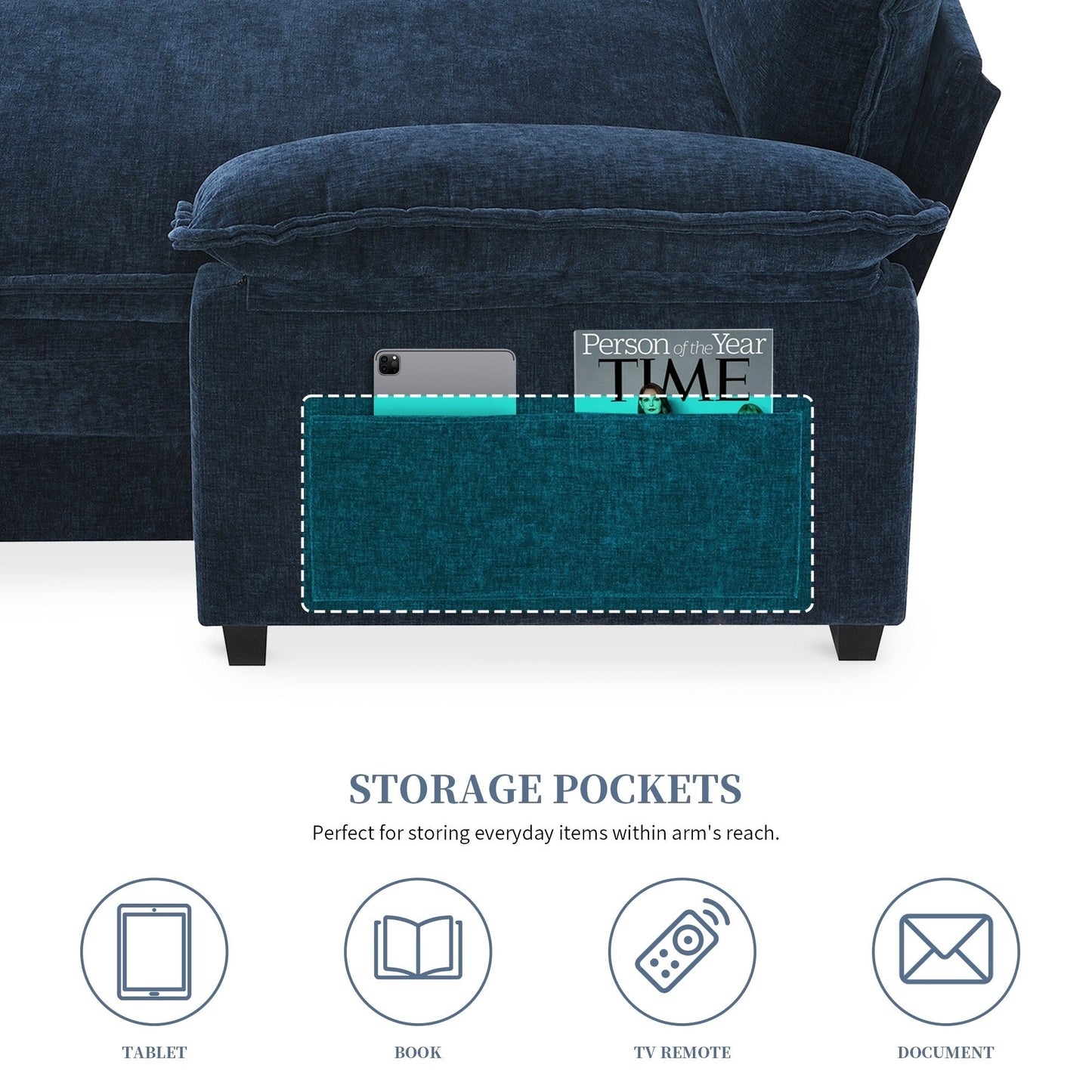 Divano componibile moderno in ciniglia con doppi cuscini, tasche portaoggetti, imbottito, divano a forma di L con chaise longue reversibile