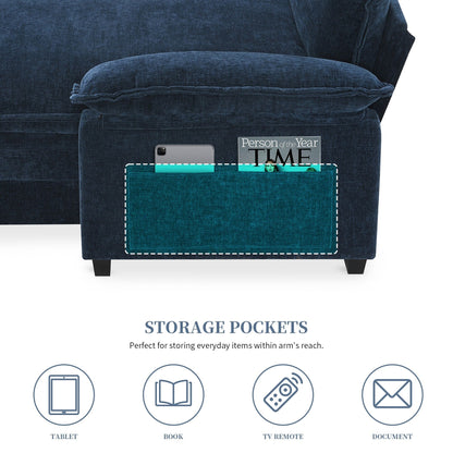 Divano componibile moderno in ciniglia con doppi cuscini, tasche portaoggetti, imbottito, divano a forma di L con chaise longue reversibile