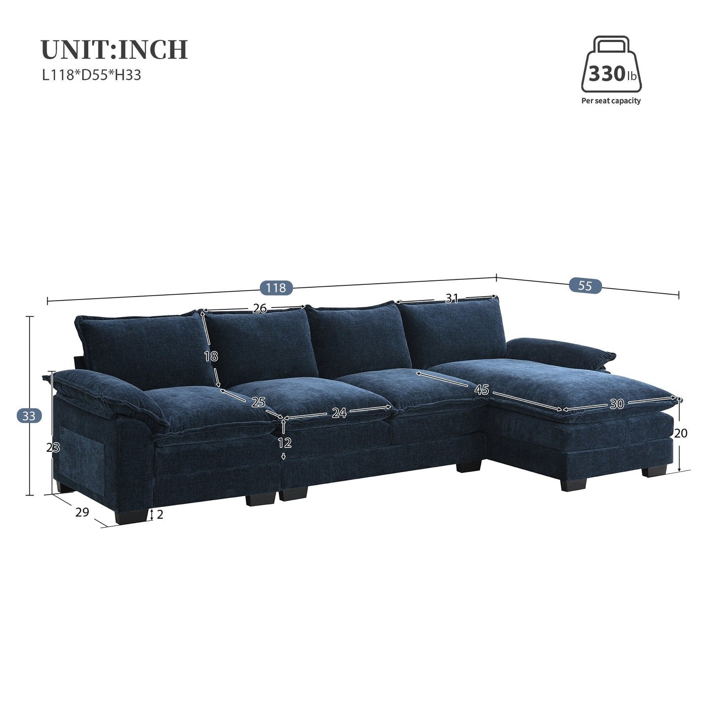 Divano componibile moderno in ciniglia con doppi cuscini, tasche portaoggetti, imbottito, divano a forma di L con chaise longue reversibile