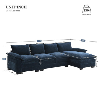 Divano componibile moderno in ciniglia con doppi cuscini, tasche portaoggetti, imbottito, divano a forma di L con chaise longue reversibile