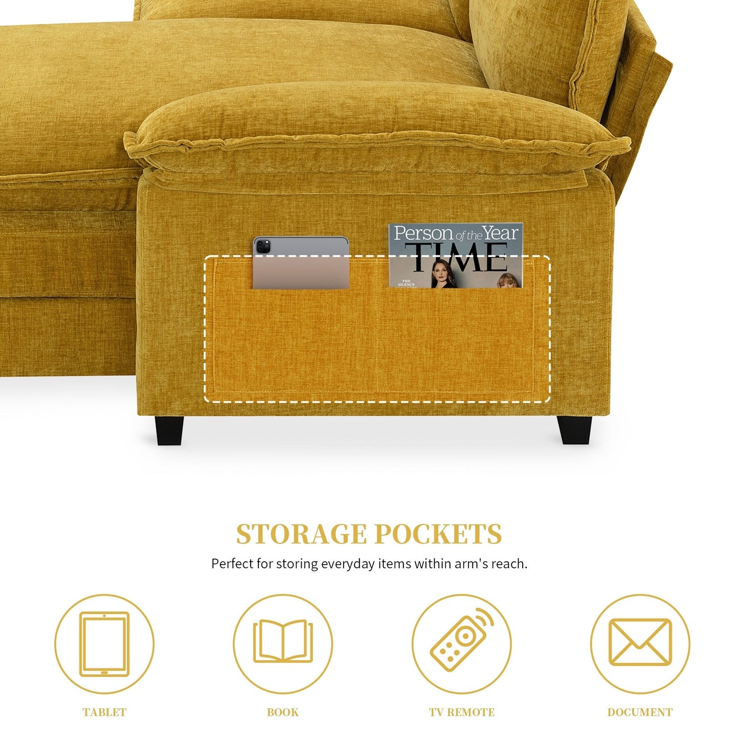 Divano componibile moderno in ciniglia con doppi cuscini, tasche portaoggetti, imbottito, divano a forma di L con chaise longue reversibile