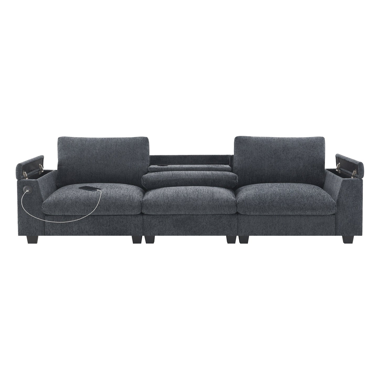 Divano componibile moderno in ciniglia con tavolo pieghevole, altoparlanti Bluetooth, caricabatterie USB, portabicchieri e vano portaoggetti nascosto nel bracciolo