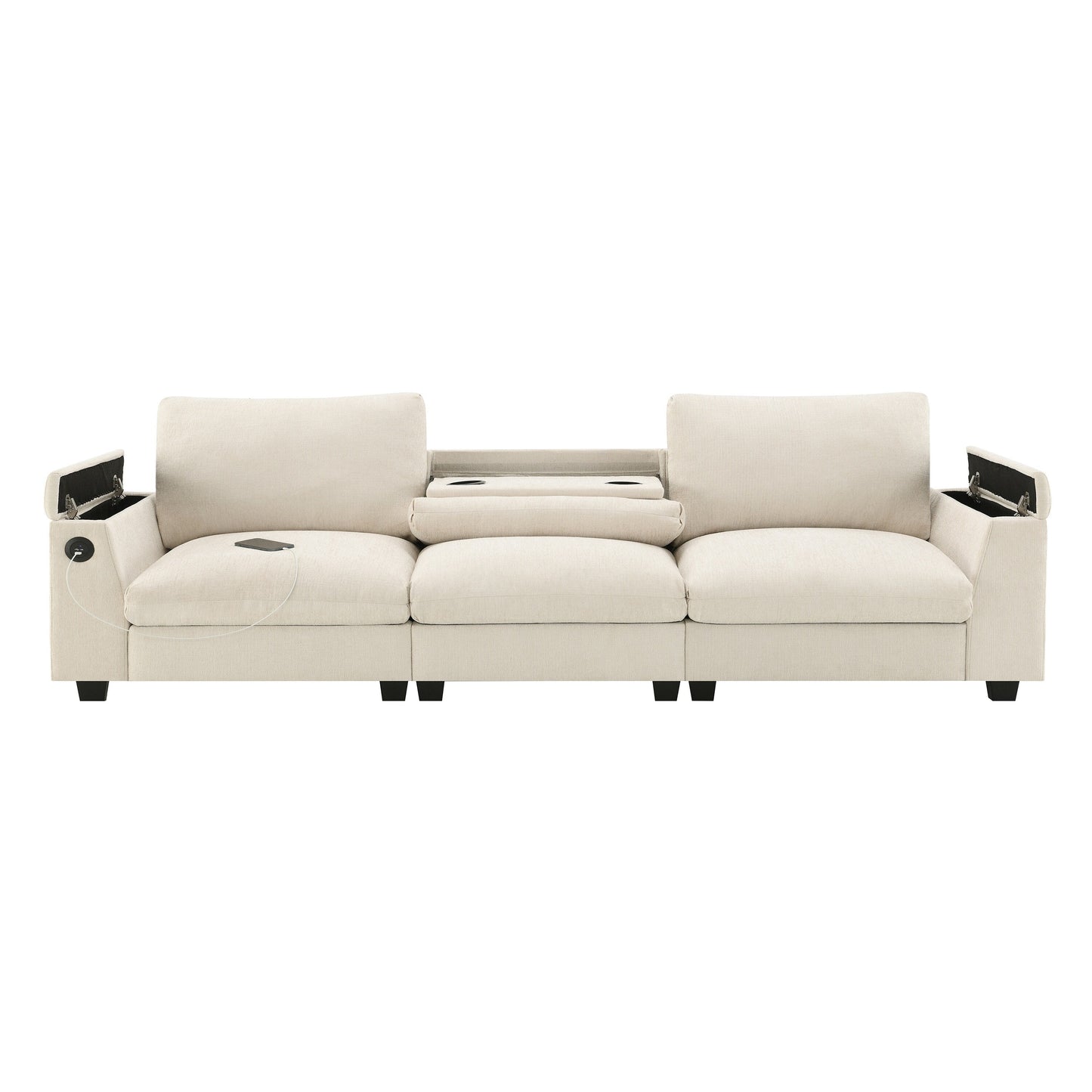 Divano componibile moderno in ciniglia con tavolo pieghevole, altoparlanti Bluetooth, caricabatterie USB, portabicchieri e vano portaoggetti nascosto nel bracciolo