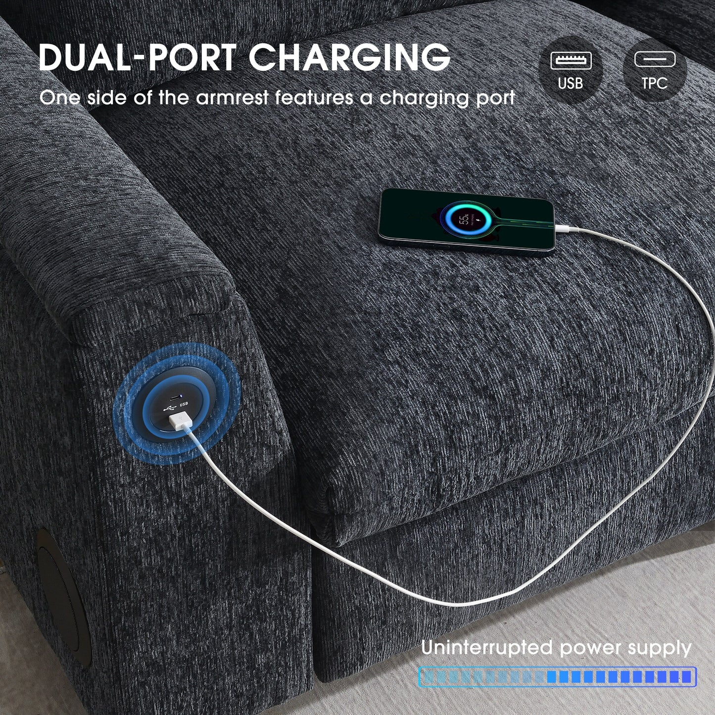 Divano componibile moderno in ciniglia con tavolo pieghevole, altoparlanti Bluetooth, caricabatterie USB, portabicchieri e vano portaoggetti nascosto nel bracciolo