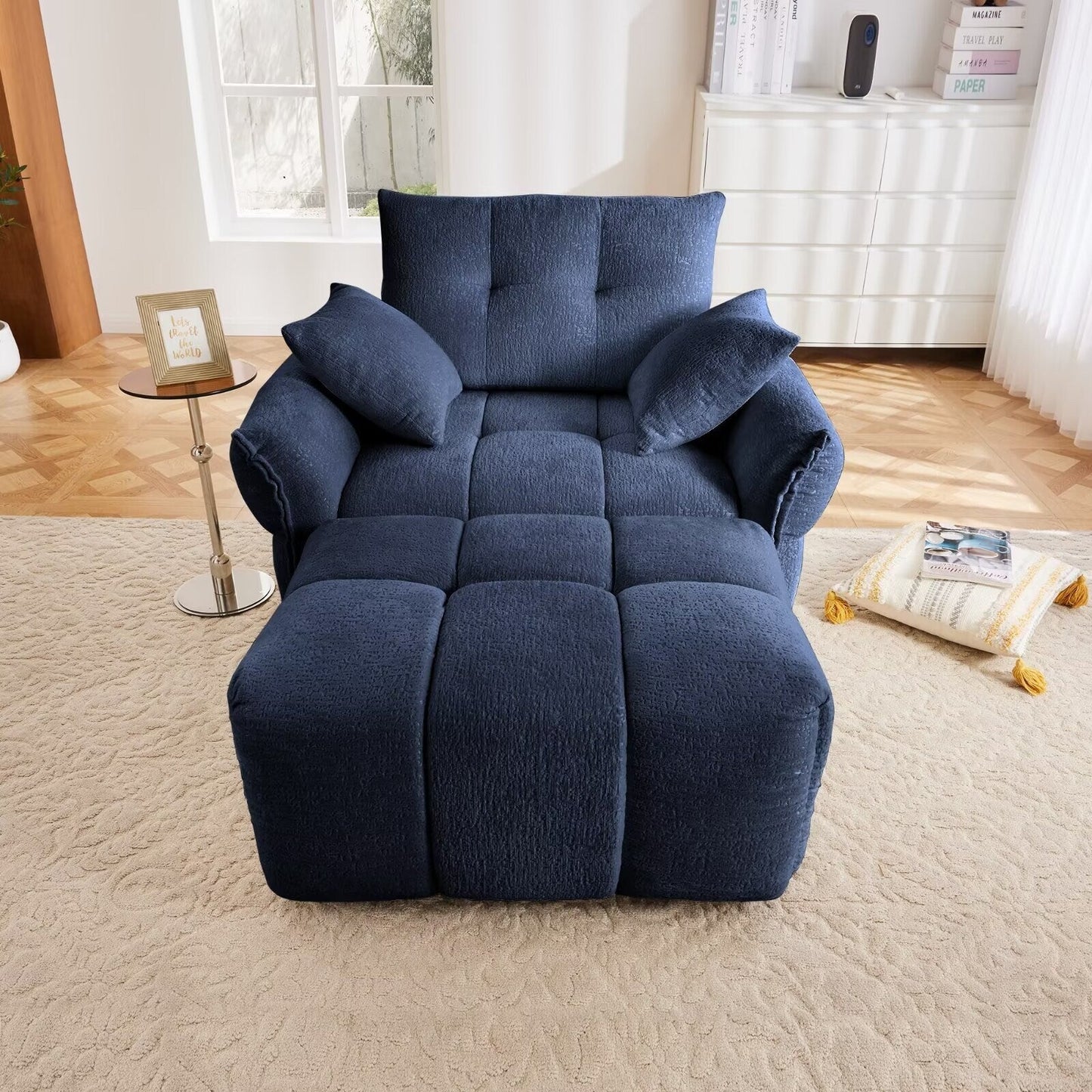 Divano moderno in ciniglia, struttura in legno massello con cuscino ad alta elasticità