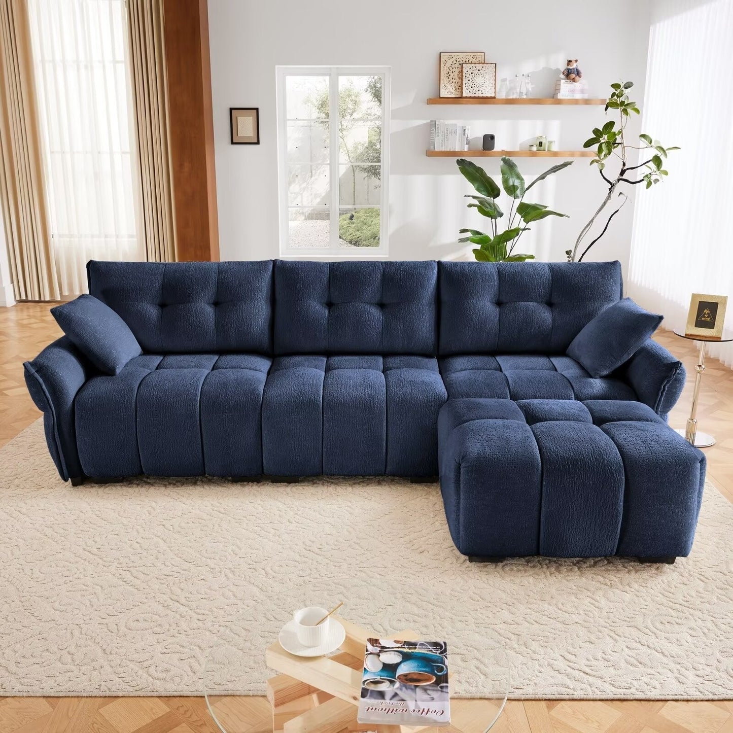 Divano moderno in ciniglia, struttura in legno massello con cuscino ad alta elasticità