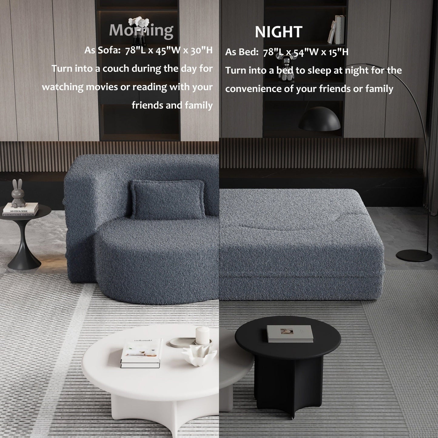 Divano letto moderno trasformabile in tessuto Teddy imbottito in schiuma con 2 cuscini