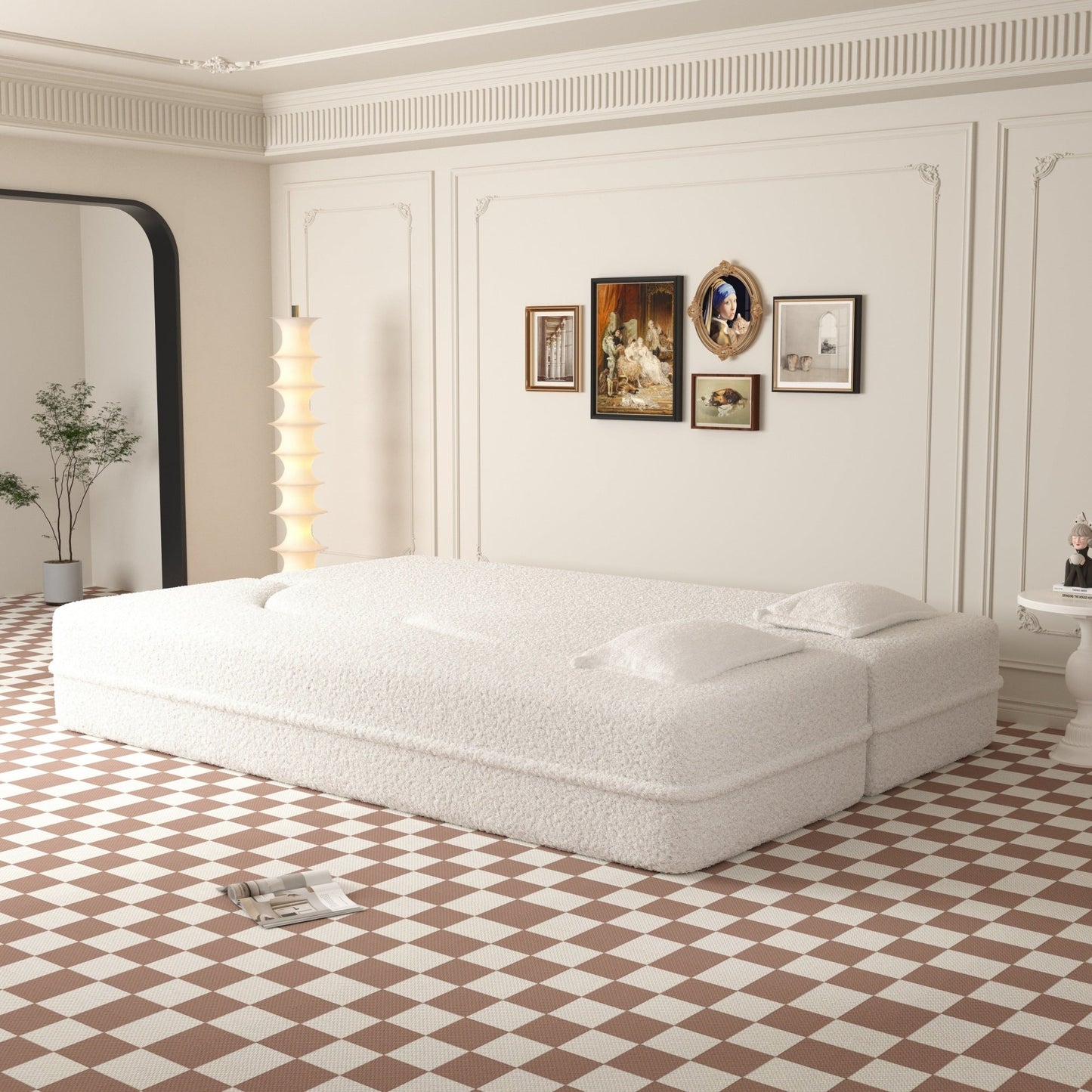 Divano letto moderno trasformabile in tessuto Teddy imbottito in schiuma con 2 cuscini