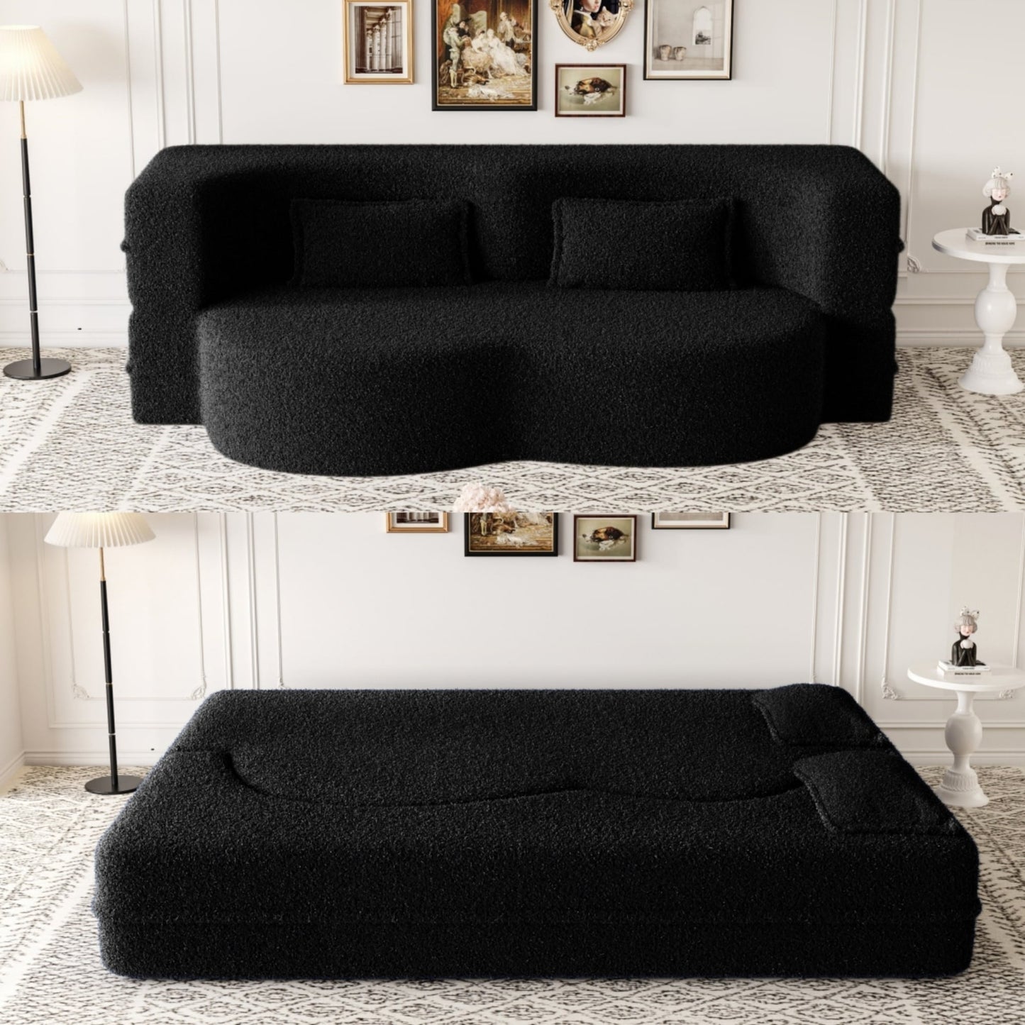 Divano letto moderno trasformabile in tessuto Teddy imbottito in schiuma con 2 cuscini