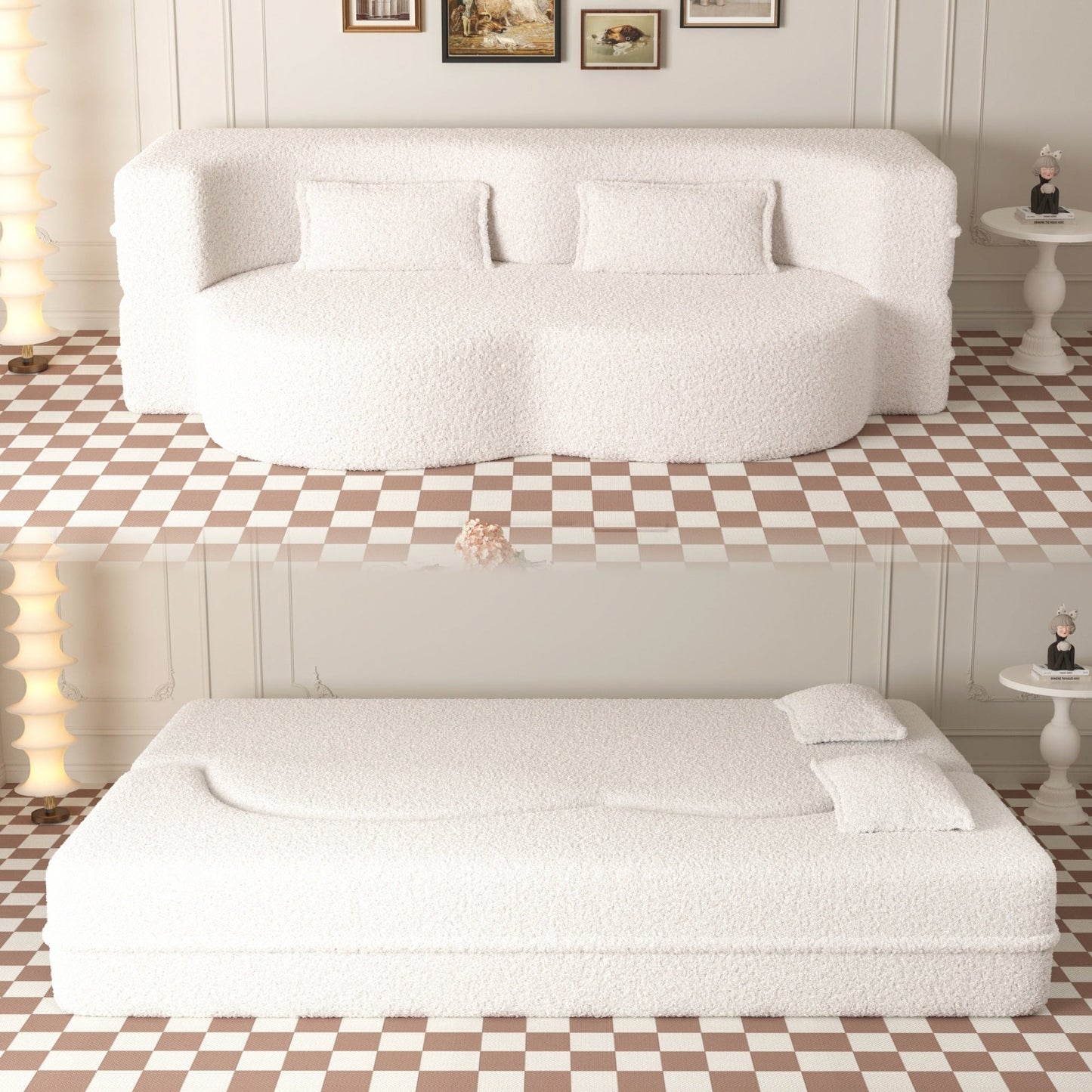 Divano letto moderno trasformabile in tessuto Teddy imbottito in schiuma con 2 cuscini