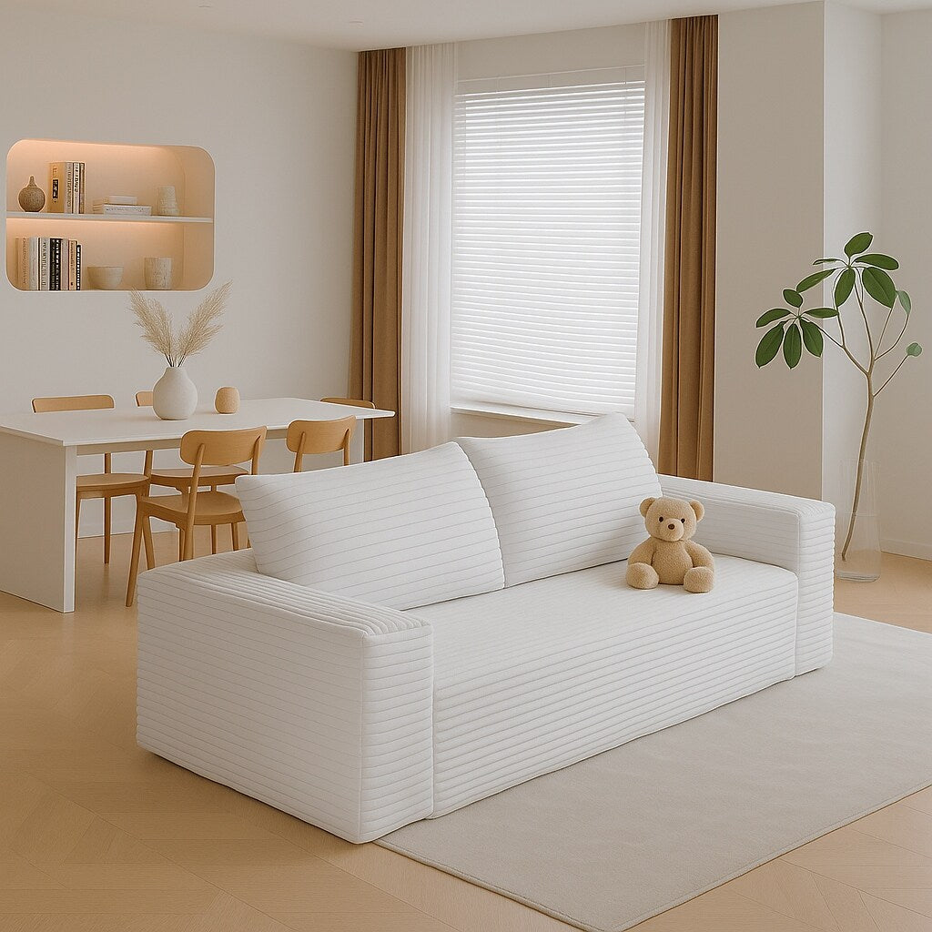 Divano moderno senza struttura rivestito in tessuto di velluto a coste, per soggiorno, studio o sala di intrattenimento.