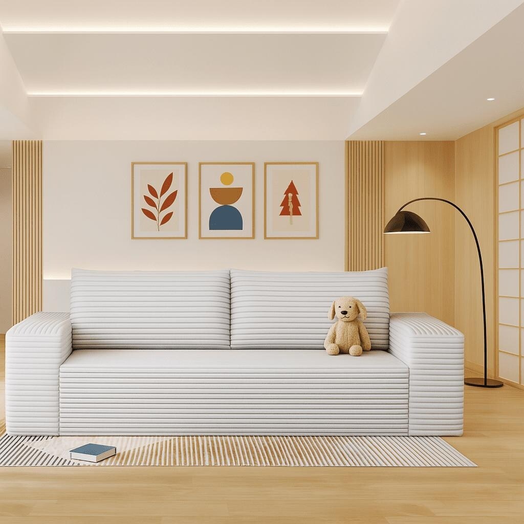 Divano moderno senza struttura rivestito in tessuto di velluto a coste, per soggiorno, studio o sala di intrattenimento.