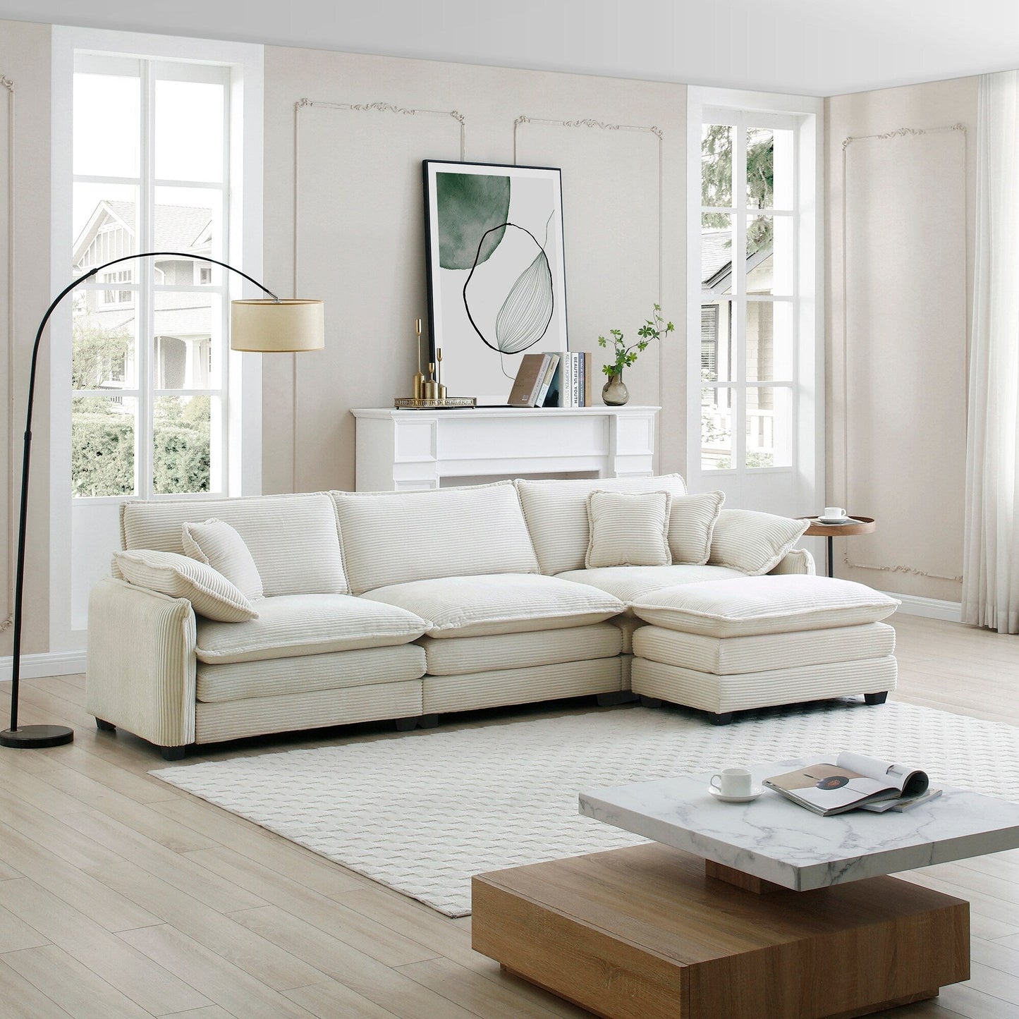 Divano componibile moderno a forma di L in velluto a coste, divano a 3 posti con seduta profonda e pouf per soggiorno