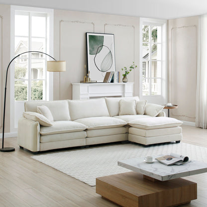 Divano componibile moderno a forma di L in velluto a coste, divano a 3 posti con seduta profonda e pouf per soggiorno