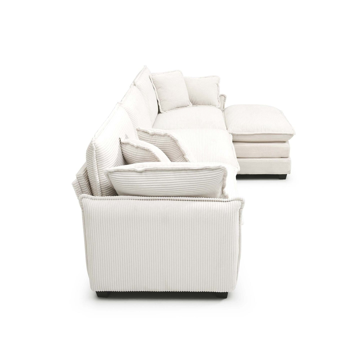 Divano componibile moderno a forma di L in velluto a coste, divano a 3 posti con seduta profonda e pouf per soggiorno