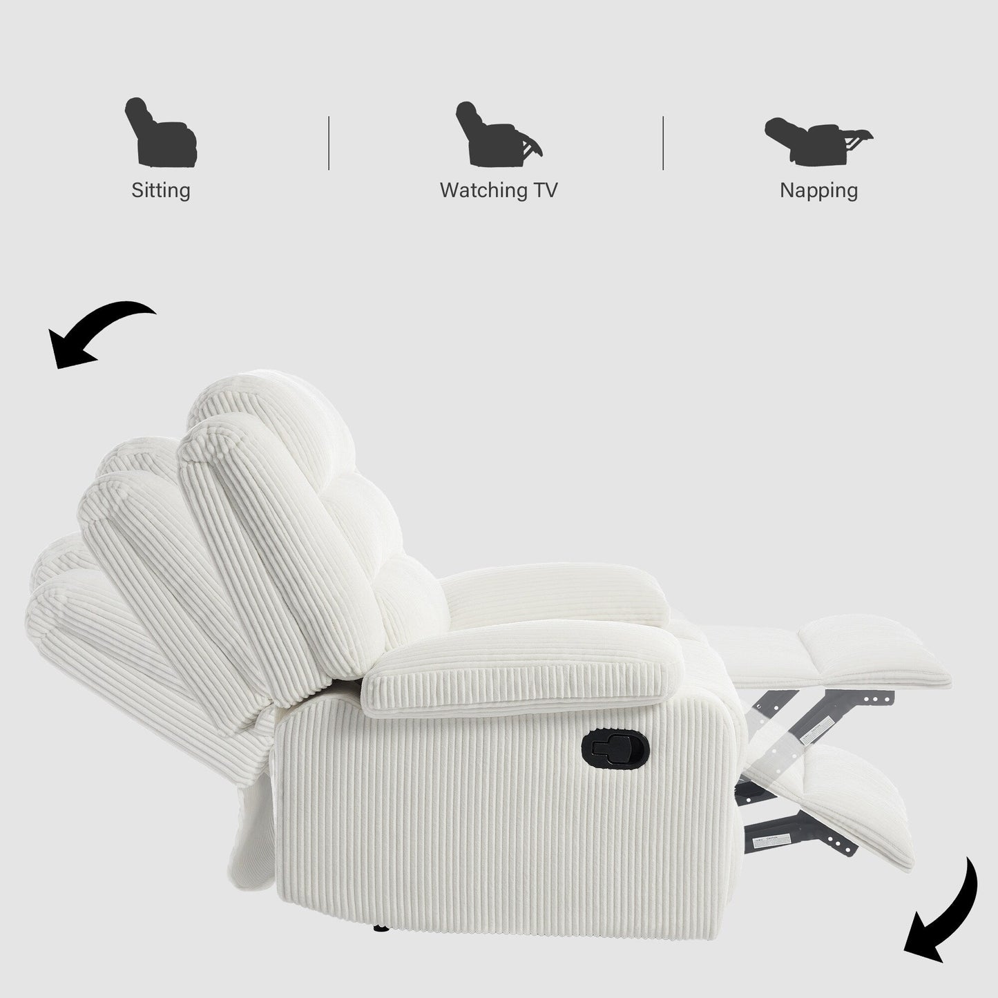 Poltrona reclinabile manuale moderna in velluto a coste, reclinabile regolabile con braccioli larghi