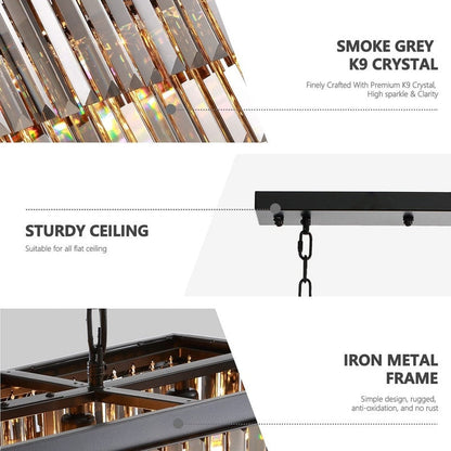 Lampadario moderno contemporaneo in cristallo grigio fumé e nero da 47 pollici, a 2 livelli, con isola da cucina lineare, per sala da pranzo